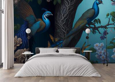 3D wallpaper , oil painting tree branch with flowers , oil painting two peacock with butterflies .5 ai generated Wall mural