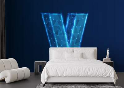 alphabet V Alphabet letter V. Design of an Uppercase english letter. Banner, template or a pattern. Abstract digital wireframe, low poly mesh, vector blue neon 3d illustration. Triangle, line dot
 Wall mural