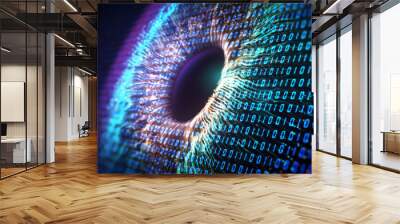 Human multicolored iris of the eye animation concept. Rainbow lines after a flash scatter out of a bright binary circle and forming volumetric a human 
eye iris and pupil. 3d rendering background 4K Wall mural