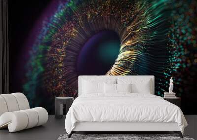 Human multicolored iris of the eye animation concept. Rainbow lines after a flash scatter out of a bright white circle and forming volumetric a human eye iris and pupil. 3d rendering background in 4K Wall mural