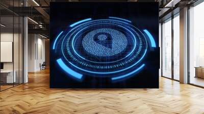 location pin symbol is shining in a futuristic hud against blue Wall mural