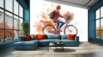 Fashion  french man in leather jacket, jeans with backpack and  flowers rides a bicycle at autumn  time, isolated on white background, watercolor illustration. Wall mural