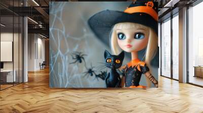 Little blonde girl doll with blue eyes in witch halloween hat with black cat toy. Spider web on grey background with copy space on the left. Wall mural