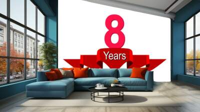 8th year anniversary background with red ribbon on white. Poster or brochure template. Vector illustration. Wall mural