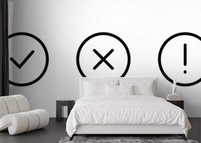 Tick, cross, exclamation mark signs. Green checkmark OK red X, Circle symbols YES NO button for vote, Check box list. line icons set, editable stroke isolated on white, linear  Wall mural