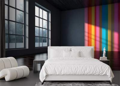 aesthetic, empty room with large windows and a colored striped wall Wall mural