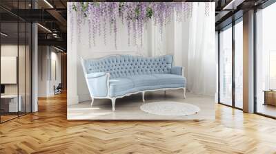 Blue french Sofa in white room with decorative hanged purple flowers Wall mural