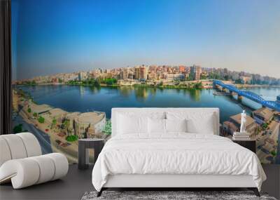 El Mansoura / Egypt - 7 Sep 2019 -  Landscape panoramic view of river Nile in Mansoura city - Panorama - Dakahlia Governorate or Dakahliya governor Wall mural