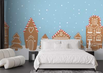 Christmas village of gingerbread houses and christmas trees in hand drawn style.New year and christmas concept for cards and banners Wall mural