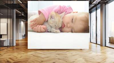 Baby and cat sleeping together Wall mural