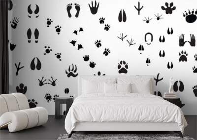 Animals paw prints. Cartoon mammal footprints, black bird foot. Wild animal feet silhouette. Wall mural