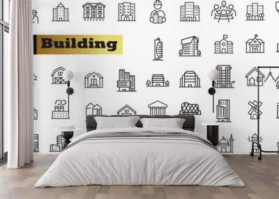 Building web icons in line style. Hotel, hospital, apartament, city, town house, mall, coffee, collection. Vector illustration Wall mural