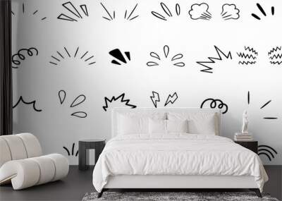 Doodle line sparkles and rays. Hand drawn explosion lines confetti, sun burst, decorative effect surprise elements. Sketch comic celebrating splash and sign. Vector	
 Wall mural