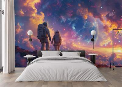 Astronaut couple holding hands, symbolizing love, romance, unity, partnership and companionship. Their suits are detailed and realistic, reflecting the latest in space exploration gear Wall mural