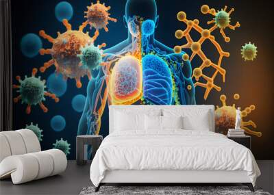 Human immune system silhouette with various virus cells and bacteria around. Vibrant and colorful generative AI illustration Wall mural