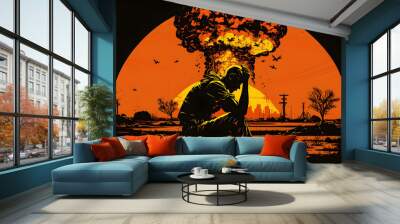 Silhouette illustration of a depressed lonely man sitting head in hands in front of a nuclear bomb explosion. Nuclear war concept. Generative AI Wall mural