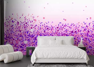 Pink glitter texture and white glowing lights effect with confetti. Vector star sparks isolated on purple magic transparent background for sparkles greeting card design Wall mural