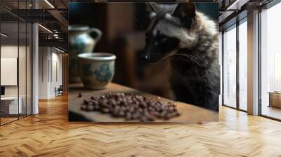 civet cat or luwak cat sniffing coffee beans. Sumatra coffee beans. Generative AI Wall mural