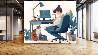 Woman graphic designer working on computer while sitting at the table indoors. Work at home concept design. Freelance woman and man working on laptop with pets at their house. Wall mural