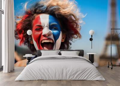 Paris 2024 summer olympic games, a woman wearing makeup in the color of the french flag for sporting event or olympics concept, background Eiffel Tower Wall mural