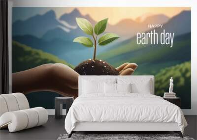 Hand holding young tree.  Earth day concept illustration for graphic and web design, business presentation, marketing. Wall mural