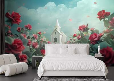 Art nouveau artistic image of white church at the end of a pathway with origami roses  Wall mural