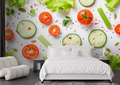 Eating pattern with raw ingredients of salad, lettuce leaves, cucumbers, red tomatoes, carrots, celery and seeds on white background  Wall mural