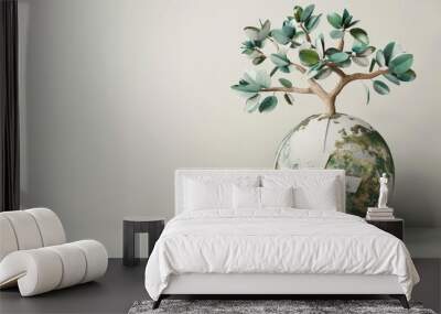 Planet vs. Plastics , Earth day 2024 concept 3d tree background. Ecology concept. Design with globe map drawing and leaves isolated on white background.  Wall mural