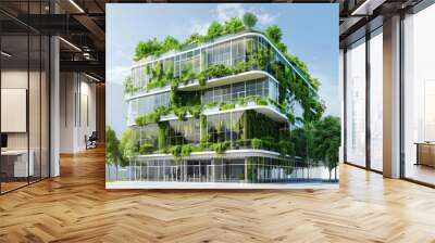 Sustainble green building. Eco-friendly building in modern city. Sustainable glass office building with tree for reducing carbon dioxide. Office with green environment. Corporate building reduce CO2.  Wall mural