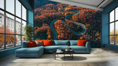 aerial photography of curved road on autumn, beautiful curved pass with vehicles and colorful autumn nature colors on trees with sunset light Wall mural