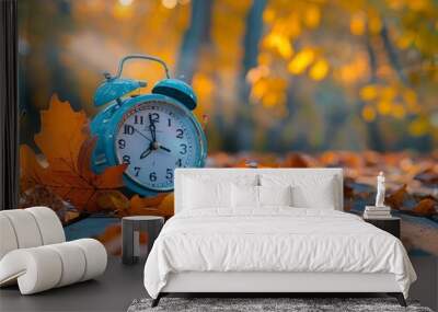 Blue Alarm Clock in Autumn Leaves Wall mural