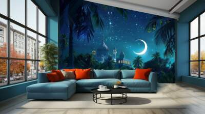 Mystical Night with Crescent Moon and Mosque Wall mural