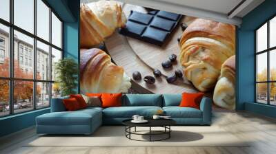 Homemade croissants, chocolate and coffee on the table. Breakfast. Dessert. Homemade food. Healthy diet. Wall mural