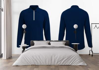 Blank collared shirt mock-up with half zip, sportswear, front and back views, 3d illustration, 3d rendering Wall mural