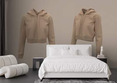 Blank cropped hooded sweatshirt mockup with zipper in front and side views, 3d rendering, 3d illustration Wall mural