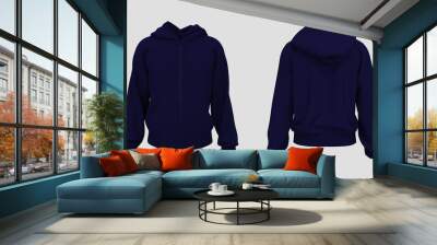 Blank hooded sweatshirt  mockup with zipper in front and back views, isolated on white  background, 3d rendering, 3d illustration Wall mural