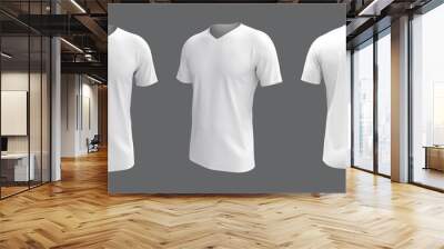 men's white v-neck short sleeve t-shirt mockup in front, side and back views, design presentation for print, 3d illustration, 3d rendering Wall mural