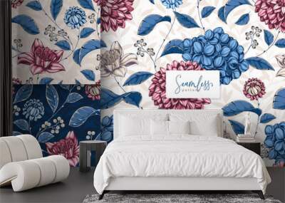 hand drawn beautiful red and blue floral pattern Wall mural