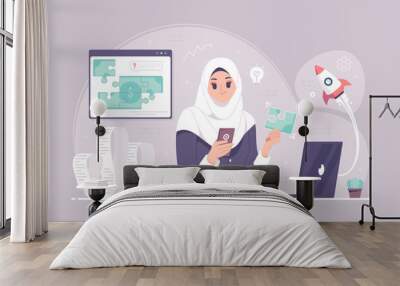 islamic hijab business woman with Idea and money puzzle Wall mural