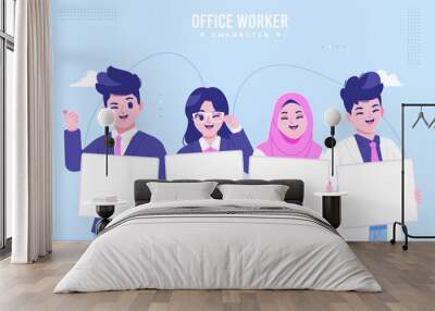 office worker character holding blank banner Wall mural