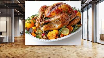 A beautifully roasted turkey with citrus garnishes and herbs, presented elegantly on a festive platter during a holiday gathering Wall mural