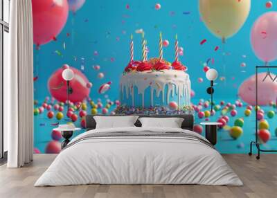 A whimsical birthday cake with bold, bright icing and candy decorations, surrounded by colorful balloons on a blue background Wall mural