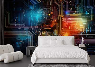 Abstract photograph representing AI concepts, with colorful circuit board patterns or computer code displayed on a screen, symbolizing the complexity and interconnectedness of artificial intelligence Wall mural