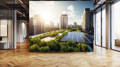 An urban rooftop adorned with solar panels and greenery, showcasing the integration of renewable energy and green spaces in city architecture Wall mural