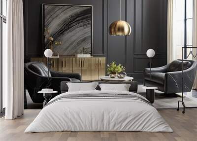 Black and gold luxury living room with armchairs, coffee table, and credenza Wall mural