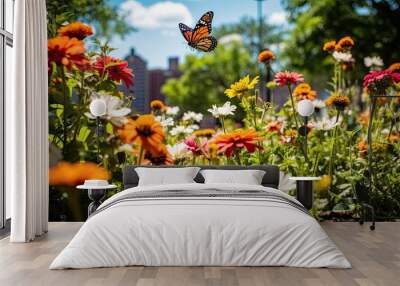 Butterflies flying over colorful blooming flowers in an urban park, demonstrating the importance of providing habitat for local wildlife in the cityscape Wall mural