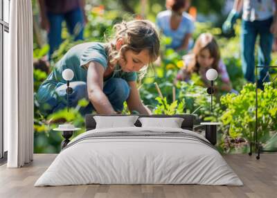 Community engagement in a vibrant garden as families cultivate crops and foster sustainability together Wall mural