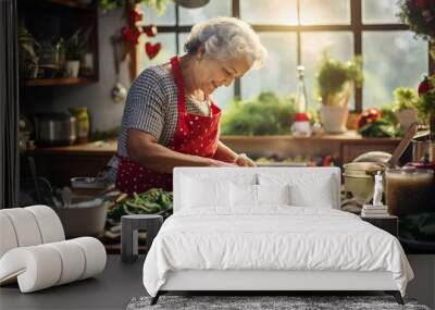 Elderly woman cooking a delicious holiday meal, wearing a festive apron and surrounded by ingredients and kitchen utensils Wall mural