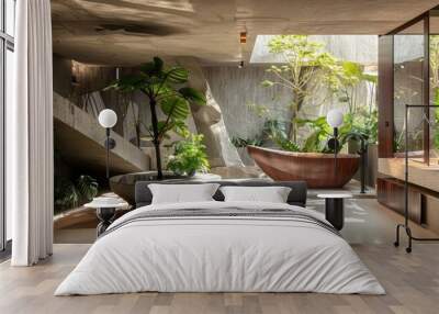 Interior design combining modern elegance with prehistoric plants in a serene indoor space Wall mural