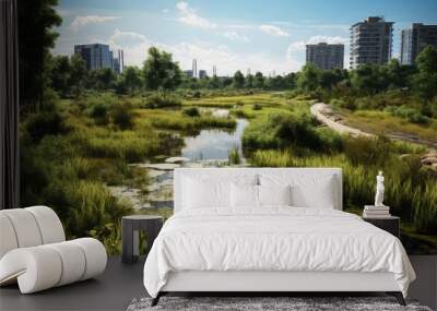 Rewilded wetland area within a city park, featuring a mosaic of wetland plants and habitats that attract diverse wildlife, demonstrating the potential of restoring urban ecosystems Wall mural